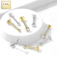 14K Solid Gold Threadless Labret With Bezel CZ Top 18G