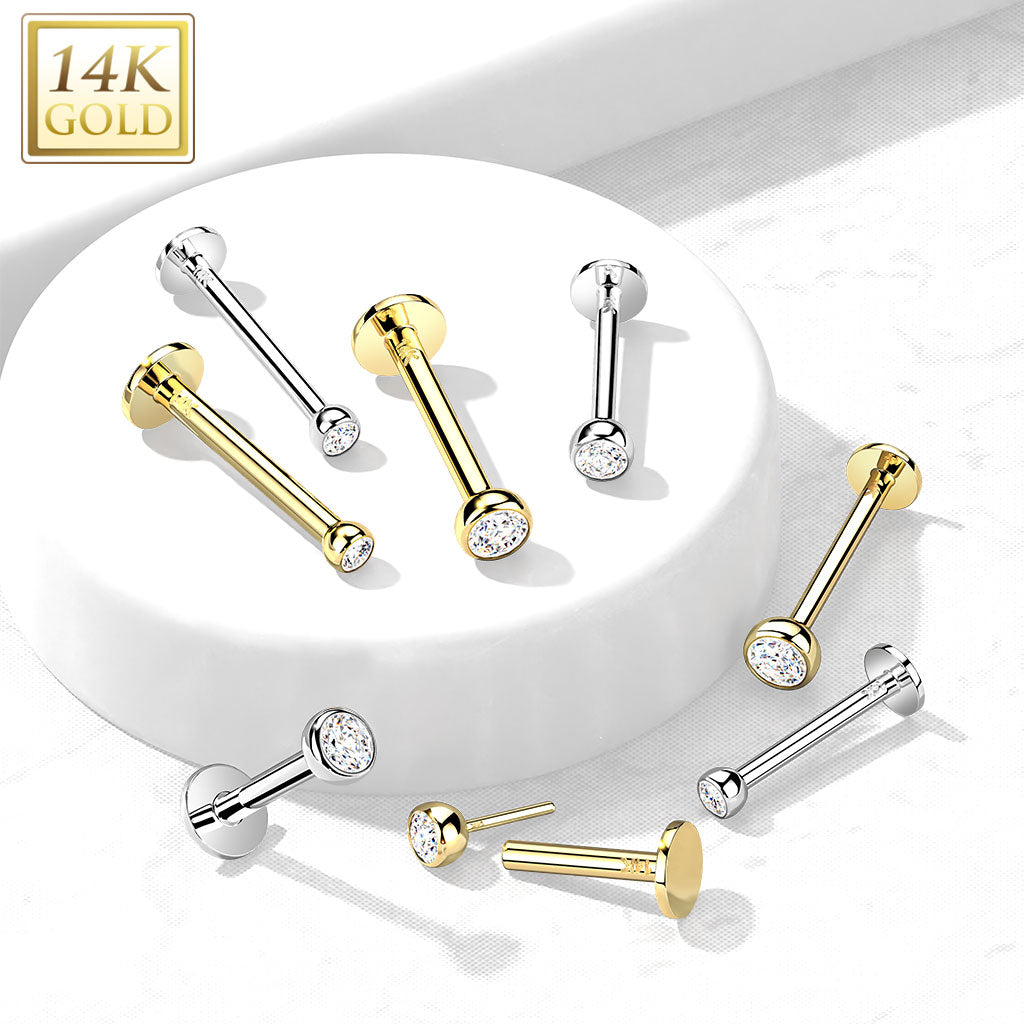 14K Solid Gold Threadless Labret With Bezel CZ Top 16G ...