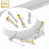 14K Solid Gold Threadless Labret With Bezel CZ Top 16G