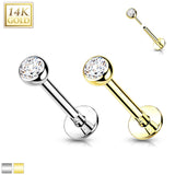 14K Solid Gold Threadless Labret With Bezel CZ Top 18G