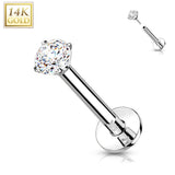 14K Solid Gold Threadless Labret With Prong CZ Top 16G