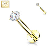 14K Solid Gold Threadless Labret With Prong CZ Top 16G