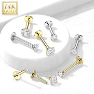 14K Solid Gold Threadless Labret With Prong CZ Top 18G