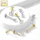 14K Solid Gold Threadless Labret With Prong CZ Top 16G