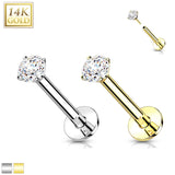 14K Solid Gold Threadless Labret With Prong CZ Top 16G