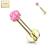 14K Solid Gold Threadless Push-in Labret Studs With Prong Opal Top