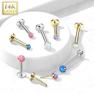 14K Solid Gold Threadless Push-in Labret Studs With Prong Opal Top