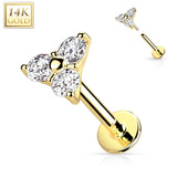 14K Solid Gold Threadless CZ Triangle Top Labret Flat Back Stud