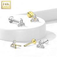 14K Solid Gold Threadless CZ Triangle Top Labret Flat Back Stud