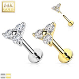 14K Solid Gold Threadless CZ Triangle Top Labret Flat Back Stud