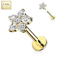 14K Solid Gold Threadless CZ Flower Top Labret Flat Back Stud