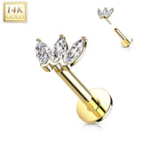 14K Solid Gold Threadless CZ Marquise Top Labret Flat Back Stud
