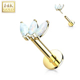 14K Solid Gold Threadless Opal Marquise Top Labret Flat Back Stud