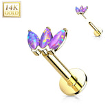 14K Solid Gold Threadless Opal Marquise Top Labret Flat Back Stud