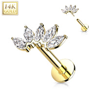 14K Solid Gold Threadless 5 CZ Marquise Top Labret Flat Back Stud
