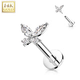 14K Solid Gold Threadless CZ Butterfly Top Labret Flat Back Stud