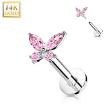 14K Solid Gold Threadless CZ Butterfly Top Labret Flat Back Stud