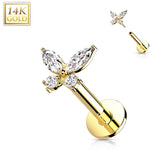 14K Solid Gold Threadless CZ Butterfly Top Labret Flat Back Stud