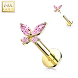 14K Solid Gold Threadless CZ Butterfly Top Labret Flat Back Stud