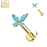 14K Solid Gold Threadless CZ Butterfly Top Labret Flat Back Stud