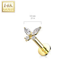 14K Solid Gold Threadless CZ Butterfly Top Labret Flat Back Stud