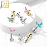 14K Solid Gold Threadless CZ Butterfly Top Labret Flat Back Stud