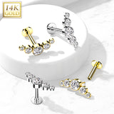 14K Solid Gold Threadless CZ Curve Bezel Top Labret Flat back Stud