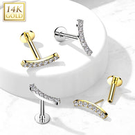 14K Solid Gold Threadless CZ Curve Top Labret Flat back Stud