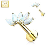 14K Solid Gold Threadless Opals Marquise Top Labret Flat Back Stud