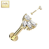 14K Solid Gold Threadless Labret With Marquise CZ Top