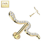 14K Solid Gold Threadless Labret With Snake CZ Top