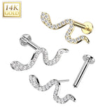 14K Solid Gold Threadless Labret With Snake CZ Top