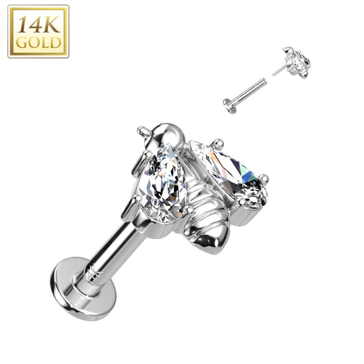 14K Solid Gold Threadless Labret With Bee CZ Top