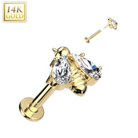 14K Solid Gold Threadless Labret With Bee CZ Top