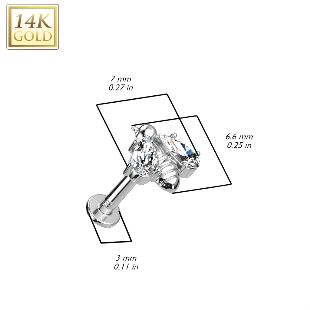 14K Solid Gold Threadless Labret With Bee CZ Top – iconbodyjewelry.com