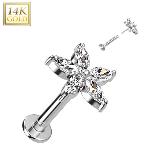 14K Solid Gold Threadless Labret With Flower CZ Top