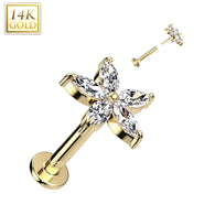 14K Solid Gold Threadless Labret With Flower CZ Top