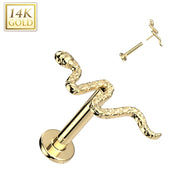 14K Solid Gold Threadless Labret With Snake Top