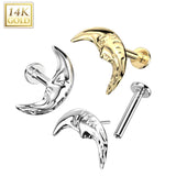 14K Solid Gold Threadless Labret With Crescent Moon Top