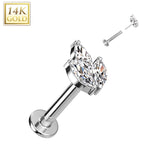 14K Solid Gold Threadless Labret With Marquise CZ Leaf Top