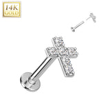 14K Solid Gold Threadless Labret With Prong CZ Cross Top