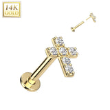 14K Solid Gold Threadless Labret With Prong CZ Cross Top