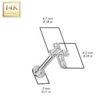 14K Solid Gold Threadless Labret With Prong CZ Cross Top