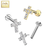 14K Solid Gold Threadless Labret With Prong CZ Cross Top