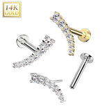 14K Solid Gold Threadless Labret With Prong CZ Curve Top