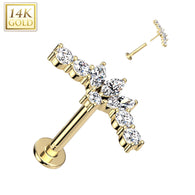 14K Solid Gold Threadless Labret With CZ Marquise Fan Top