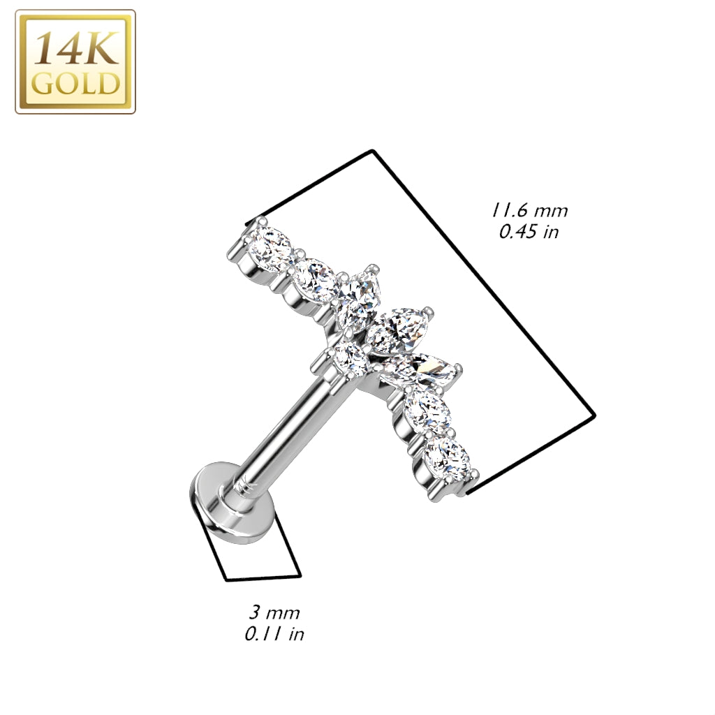 14K Solid Gold Threadless Labret With CZ Marquise Fan Top