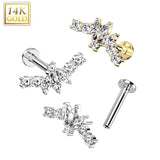 14K Solid Gold Threadless Labret With CZ Marquise Fan Top