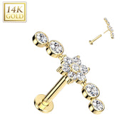 14K Solid Gold Threadless Labret With CZ Flower Center Top