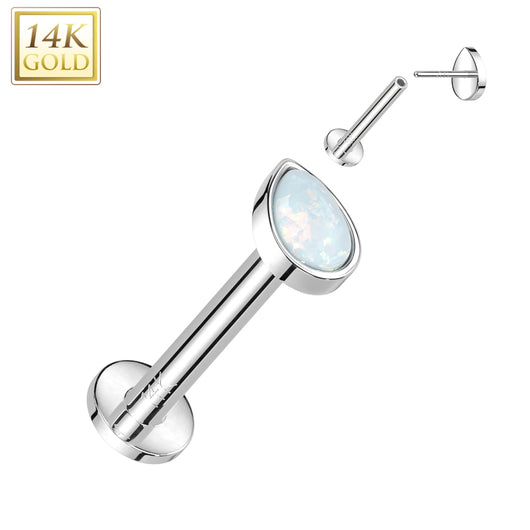 14K Solid Gold Threadless Labret Flat Back Stud with Teardrop Opal Top